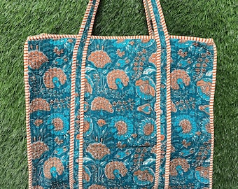 Hand Block Printed Quilted Cotton Tote Bag: Boho Floral Shopping, Beach, Travel Shoulder Bag