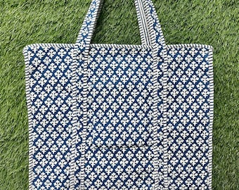 Quilted Cotton Tote Bag: Blue Floral Block Print, Boho Shoulder Bag