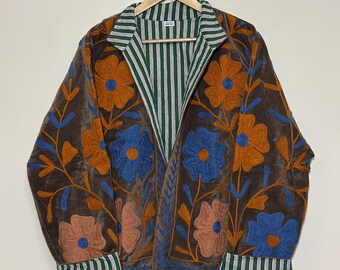 Handmade Brown Velvet Suzani Embroidered Jacket: Floral Boho Artisan Coat