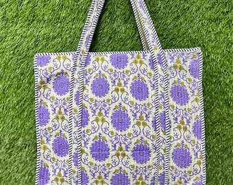 Handmade Quilted Cotton Tote Bag: Floral Block Print, 18x18 Inch Everyday Bag