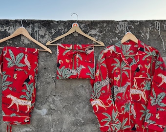 Women's Cotton Sleepwear PJ Set, Jungle Print Pajamas, Red Night Suit, Button Up Lounge Set Gift For Christmas