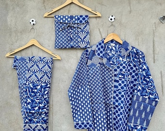Hand Block Print Cotton Pajama Set: Blue Floral Sleepwear, Handmade Loungewear
