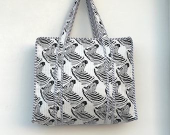 Handmade Cotton Quilted Tote Bag Zebra Print Large Eco friendly Sturdy Grocery Shopping Artist Boho Carry All Tote Bag Gift For Festivals