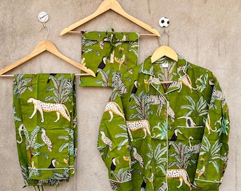 Hand Block Printed Cotton Jungle Pajama Set: Men Women Sleepwear