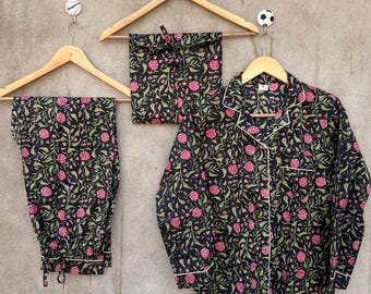Hand Block Print Cotton Pajama Set: Floral Indian Nightwear for Women