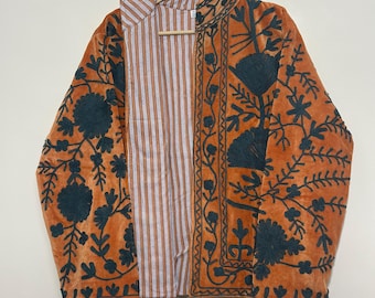 Handmade Velvet Suzani Jacket: Navy Blue Floral Embroidery, Rust Orange Boho Coat