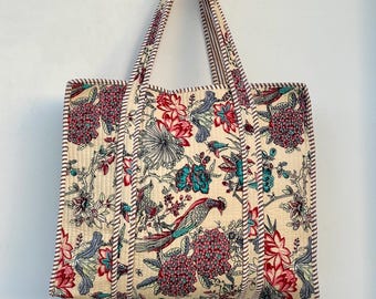 Cotton Quilted Tote Bag, Handmade Block Print Bag, Floral Shoulder Tote, Large Market Bag, Everyday Work Travel Tote, Gift for Women
