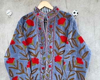 Hand Embroidered Velvet Suzani Jacket: Floral Boho Outerwear for Women