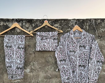 Floral Print Pajama Set for Women, Cotton Button Down Sleepwear, Long Sleeve Night Suit