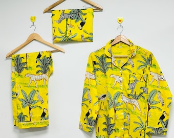 Hand Printed Cotton Pajama Set, Yellow Animal Print, Jungle Print Sleepwear