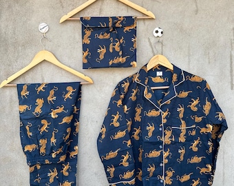Hand Block Printed Tiger Cotton Pajama Set: Boho Nightwear Loungewear