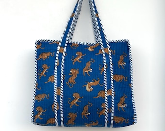 Block Print Quilted Tote Bag Handmade Cotton Boho Daily Use Bag Lightweight Zipper Tote Bag With Pockets Bags Gift For Women