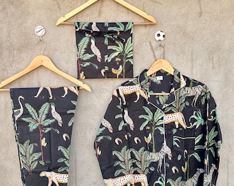 Jungle Print Cotton Pajama Set: Handblock Indian Summer Nightwear for Women