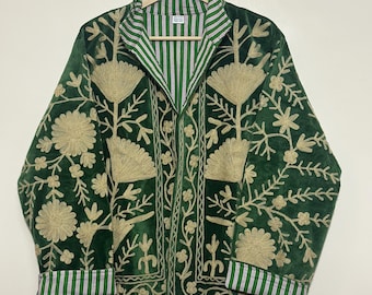 Handmade Forest Green Velvet Suzani Jacket: Floral Embroidery, Striped Cotton Collar (Boho Folk Art)