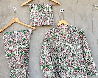 Handblock Print Cotton Pajama Set: Floral Indian Nightwear for Women, Summer Loungewear