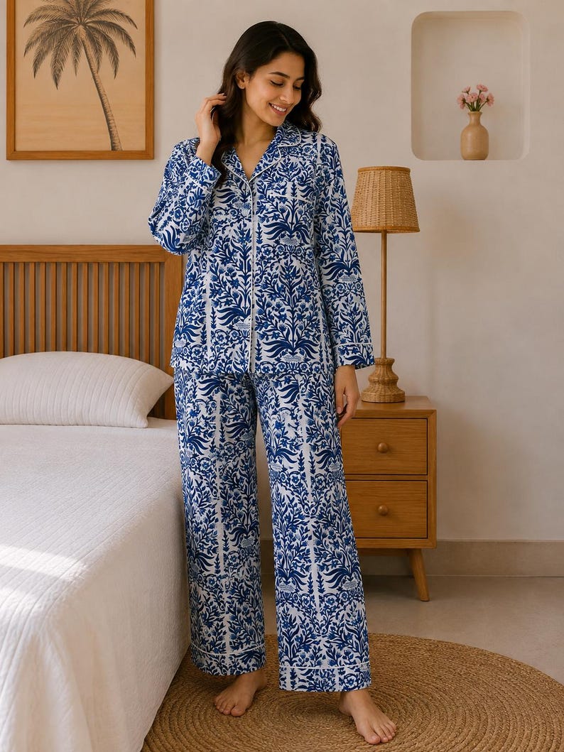 May include: A two-piece pajama set featuring a long-sleeved button-down shirt with a notched collar and matching wide-leg trousers. The set is made of white fabric with a repeating deep blue botanical floral print and white piping trim details.