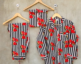 Striped Print Pj Set 100% Cotton Women's Sleepwear Night Suit Handmade Cotton Pajama Set Gift For Her