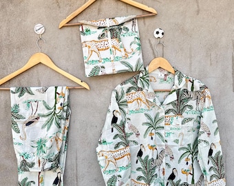 Hand Block Printed Cotton Pajama Set: Safari Jungle Print, Summer Nightwear