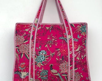 Hand Block Printed Quilted Cotton Tote Bag | Handmade Jaipur Shoulder Bag | Boho Eco Friendly Reusable Shopping Bag | Christmas Gifts, Party