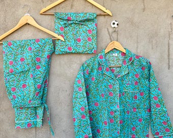 Vintage floral cotton pajama set women handblock Soft Cotton Nightwear Button Down Comfortable Lounge Set Gift For Her
