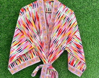 Hand Block Print Cotton Kimono Robe: Multicolor Abstract Boho Beach Cover Up