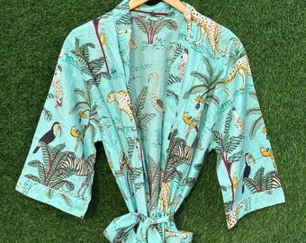 Hand Block Print Cotton Kimono Robe, Tropical Safari Wildlife, Boho Beach Cover Up