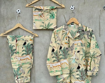 Hand Block Printed Cotton Safari Pajama Set: Jungle Animals Loungewear