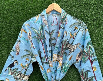 Hand Block Print Cotton Kimono Robe: Tropical Safari Wildlife Lounge Cover Up