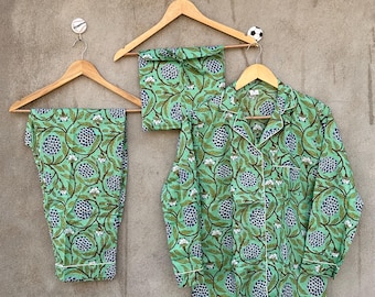 Handblock Cotton Pajama Set Green Floral Boho Nightwear Womens Loungewear gift for wife