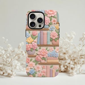 Floral Bookish Phone Case for iPhone | Vintage Pastel Bookshelf Cover | Romantic Cottagecore Reading Aesthetic | Feminine Book Lover Gift
