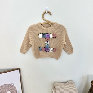 Custom Kids Sweater with Floral Letter, Personalized Baby Knit Jumper, Embroidered Initial Sweater Toddler Gift