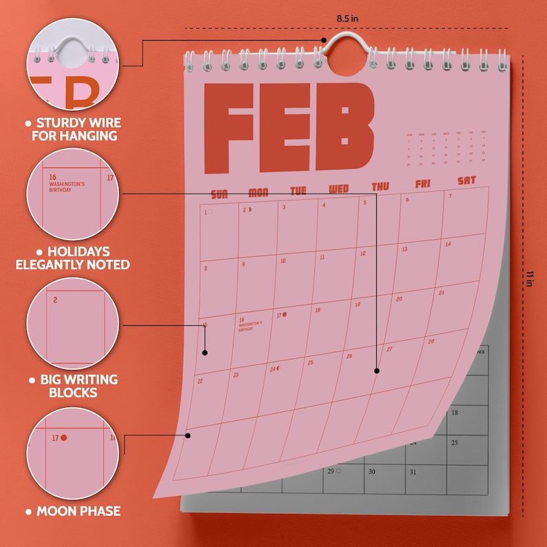 May include: A pink wall calendar with the month of February displayed. The calendar has a sturdy wire for hanging, big writing blocks, and holidays elegantly noted. The calendar is 8.5 inches wide and 11 inches tall.