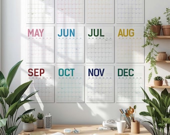 Calendario de pared: Planificador mensual de 12 colores brillantes / Cuadrícula para escribir