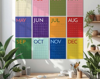 Calendario de pared: 12 planificadores mensuales coloridos / cuadrícula para escribir