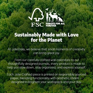 May include: Image with a green forest background and text that reads "Sustainably Made with Love for the Planet." The FSC logo and "Forests for All Forever" are also visible. The text promotes JolieDaily products.