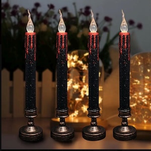 Teardrop led flames electronic candles| spooky candle design| battery powered | long pole light | black and red with glitter