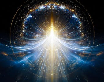 May include: Abstract digital art featuring a bright, golden light emanating from the center, surrounded by swirling blue and white energy. The artwork has a celestial theme, with a dark background and sparkling details.