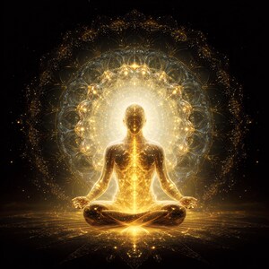 Può includere: Illustrazione giallo-oro di una persona in posizione di meditazione seduta, che irradia luce. La figura è centrata, con un'aura luminosa e motivi intricati che circondano il corpo, su uno sfondo scuro. L'immagine evoca temi di spiritualità e illuminazione.
