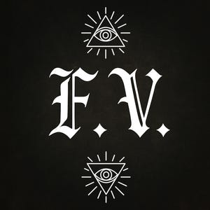 Peut inclure: Fond noir avec texte et symboles blancs. Les lettres "F.V." sont en police gothique, avec un losange de chaque c&ocirc;t&eacute;. Au-dessus et en dessous des lettres se trouvent des triangles blancs avec un &oelig;il au centre, entour&eacute;s de rayons.