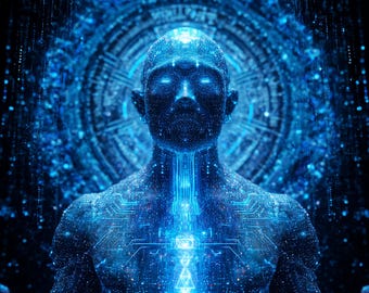 May include: A digital art piece depicting a human form composed of circuit board patterns and glowing blue light. The figure is centered, with a circular design behind it, suggesting a technological or futuristic theme.
