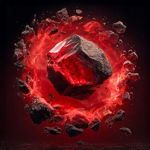 Puede incluir: Una gran gema roja brillante está rodeada de rocas oscuras más pequeñas y energía roja ardiente. La imagen tiene un fondo oscuro, creando un contraste dramático con los vibrantes elementos centrales. La composición sugiere un tema de poder y transformación.
