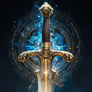 Può includere: Immagine dettagliata di una spada fantasy con un'elsa dorata e un'impugnatura rivestita in pelle marrone. La lama è argentata con disegni intricati. Lo sfondo presenta un motivo circolare blu brillante con scritte.
