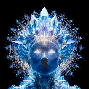 May include: A digital art image of a human face with glowing eyes, adorned with a crown and halo of blue crystals. The artwork is set against a black background, creating a striking contrast.