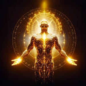 May include: A digital artwork shows a figure emanating golden light, arms open. The figure is encircled by a glowing circular design with detailed patterns. The image evokes themes of spirituality or enlightenment, set against a dark backdrop.