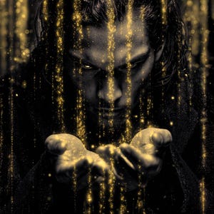 May include: A sepia-toned image of a person with long hair, looking down at their cupped hands. Golden light streams down, creating a magical effect. The person's face is partially visible, with a focused expression. The overall theme is fantasy or mystical.