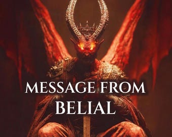 Puede incluir: Ilustración digital de una figura demoníaca con alas rojas, cuernos y ojos brillantes, sentada en un trono. El texto "MESSAGE FROM BELIAL" se muestra en blanco. La imagen tiene una paleta de colores rojo oscuro y marrón.