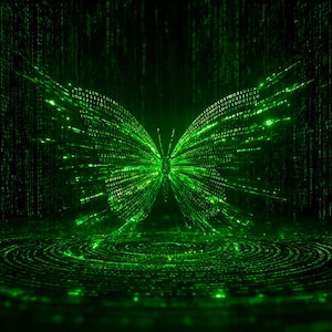 May include: A digital art piece featuring a butterfly composed of green binary code. The butterfly is centered against a dark background with falling code and a circular ripple effect, all in shades of green.