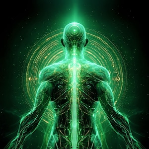 May include: Digital art of a human figure, viewed from the back, radiating green energy. The figure is illuminated with glowing lines, with a circular design behind it. The background is dark with scattered stars, creating a futuristic and spiritual theme.