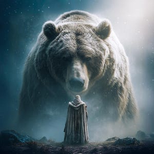 May include: A digital artwork showing a giant brown bear towering over a cloaked figure in a snowy, misty landscape. The bear's fur is highly detailed, and the figure is seen from behind, wearing a hooded cloak. The artwork has a fantasy theme.
