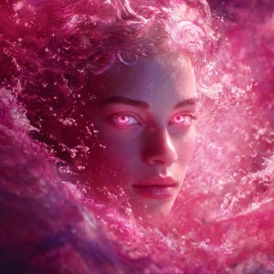 以下が含まれることがあります： ピンク色の目と髪を持つ人物のデジタルアートポートレート。渦巻くピンク色の液体に囲まれています。人物の顔は中央に配置され、柔らかく幻想的な輝きがあります。画像はファンタジーまたはSFをテーマにしています。
